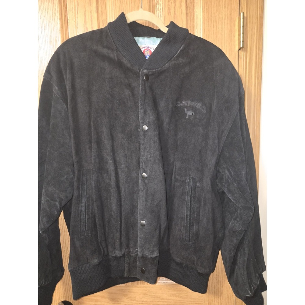 Vintage 90s Camel Black Leather Suede Bomber Jacket Blue Satin Liner Mens L